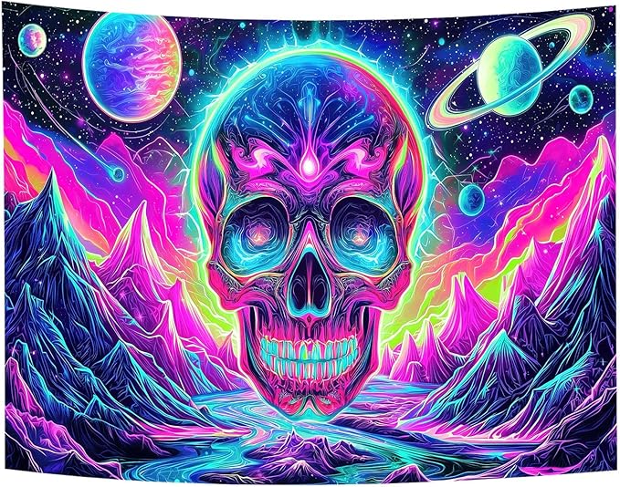 Blacklight Skull Tapestry, UV Reactive Gothic Skeleton Mountain Galaxy Planet Wall Hanging Tapestries, Glow in the Dark Horror Face Halloween Aesthetic Poster for Bedroom Living Room Decor 70X60IN