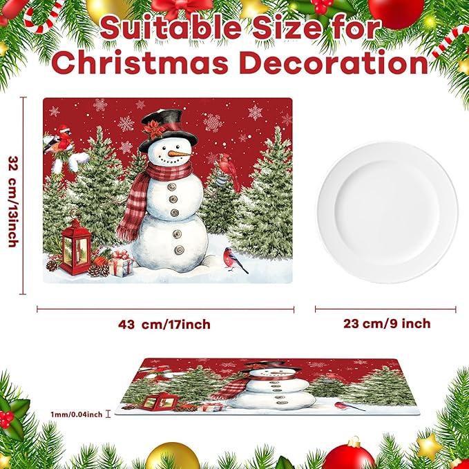 Winter Christmas Placemats Set of 6 Red Blue Snowman Plastic Table Mats Christmas Tree Birds Place Mats Washable Vinyl Seasonal Winter Table Decoration for Indoor Outdoor Party Kitchen Dining