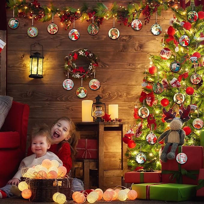 48-Piece Vintage Wood Christmas Tree Ornaments - Santa, Snowman & Retro Decor