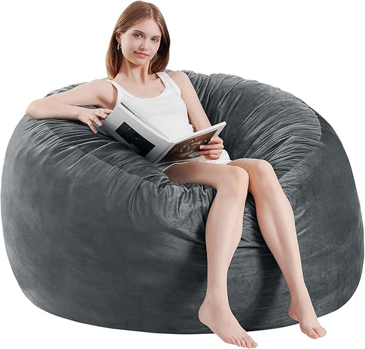 3 Feet Bean Bag Chair - BeanBag Chairs for Adults, Living Room Furniture Sofa with Soft Micro Fiber Cover, Round Fluffy Couch for Bedroom College Dorm - Grey