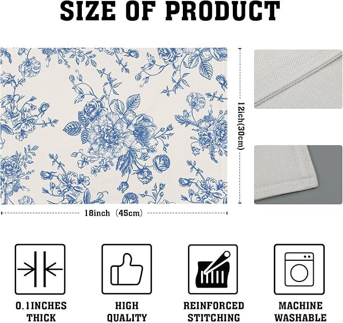 Blue Floral Placemats Set of 4 Vintage Flower Blue and Cream Washable Non-Slip Heat Resistant Place Mats 12x18 Inch Spring Summer Linen Table Mats for Kitchen Dining Party Decor