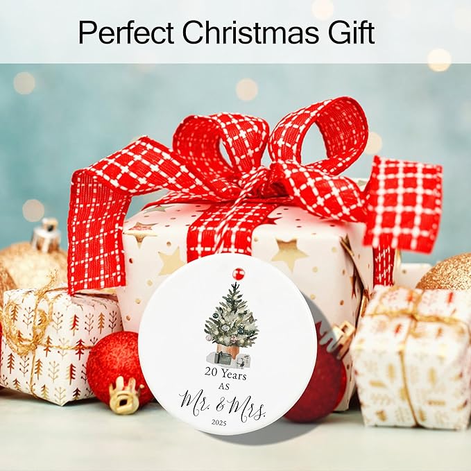 20th Anniversary Ornament Gifts for Couple, 20th Wedding Anniversary for 20 Year as Mr and Mrs Gifts, Ceramic Keepsake 20 Year Anniversary Christmas Ornaments with Ribbon and Box