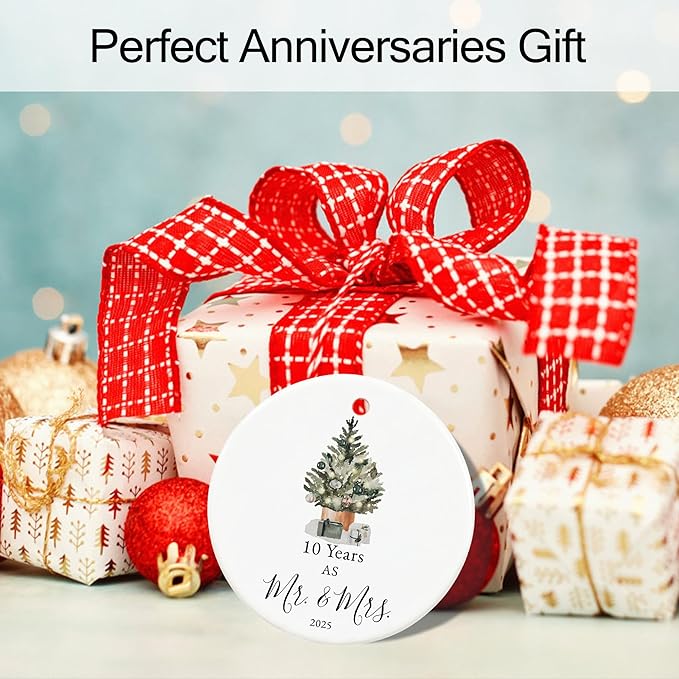 10th Anniversary Ornament Gifts for Couple, 10th Wedding Anniversary for 10 Year as Mr and Mrs Gifts, Ceramic Keepsake 10 Year Anniversary Christmas Ornaments with Ribbon and Box