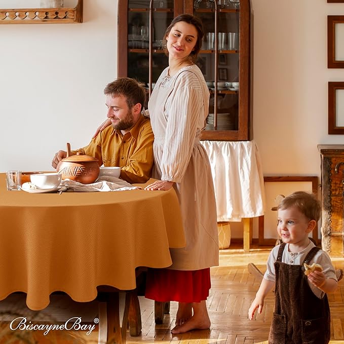 Biscaynebay Fall Tablecloth Textured Fabric Round Tablecloths 90", Bronze Thanksgiving Autumn Harvest Water Resistant Fabric Tablecloths for Kitchen, Dining, Wedding, Parties Machine Washable