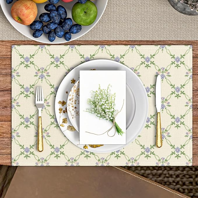 Floral Placemats Set of 4, Greenery Table Mat for Home Kitchen, Restaurants, Outdoor Linen Washable Place Mats 12x18 inch Party Event Dining Decoration-02
