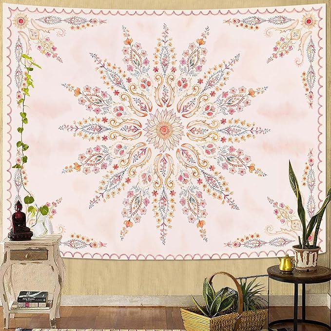 Fowocu Boho Floral Mandala Tapestry for Bedroom Aesthetic Pink Bohemian Flower Wall Tapestry Watercolor Hippie Indian Large Tapestries Wall Hanging for Living Room Dorm Decor 80 x 60 Inch