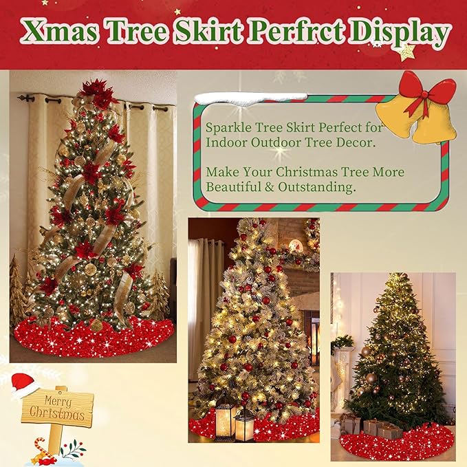 MODFUNS Christmas Tree Skirt Red Sequin Tree Skirt 36 Inch Velvet Christmas Tree Skirt Shimmer Glitter Tree Skirt Sparkle Xmas Tree Collar Bling Christmas Tree Mat for Christmas Tree Ornament