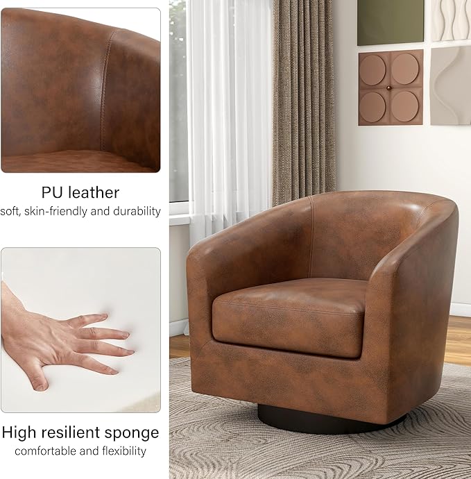 Swivel Barrel Accent Chair, Modern Round Faux Leather Arm Chair for Living Room, Bedroom, Comfy Club Reading Chairs for Adults(Faux Leather, Coffee, Set of 4)