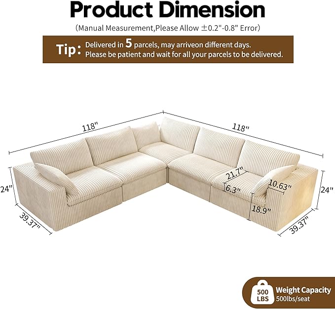 118" V Shaped Corner Modern Sofa Modular Sectional Cloud Couch,Deep Seat Upholstered Couches with Plush Corduroy Fabric for Living Room Furniture,Bedroom and Apartment,No Assembly Required,White
