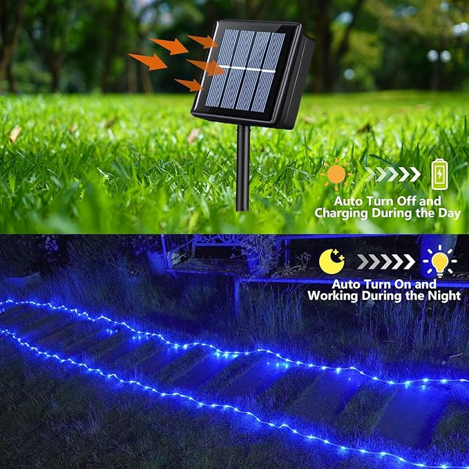 YEGUO 2 Packs Each 33ft 100 LED Solar Rope Lights Outdoor Waterproof, Solar Pool Light Blue, 8 Modes Solar Fairy Lights in Clear Thin Tube Outside for Camping Fence Patio Garden Trampoline Deck