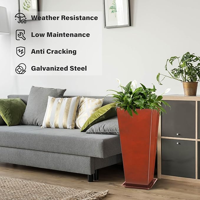 KOL 25''H. Galvanized Steel Planter with Saucer, Tall Glazed Planter Pots for Indoor & Outdoor Use, Set of 2, Decorative Flower Plant Pots with Drainage Hole for Porch, Patio, Deck - Reddish Brown