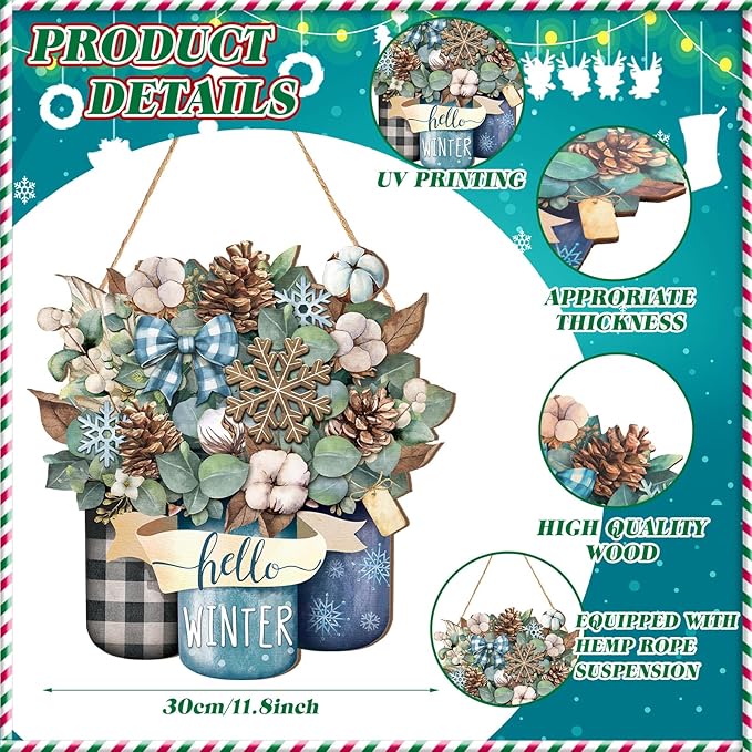 Boao Welcome Winter Door Decoration Hello Winter Wooden Sign Wall Snowflake Hanger Plaque for Christmas Outdoor Indoor Farmhouse Porch Decor