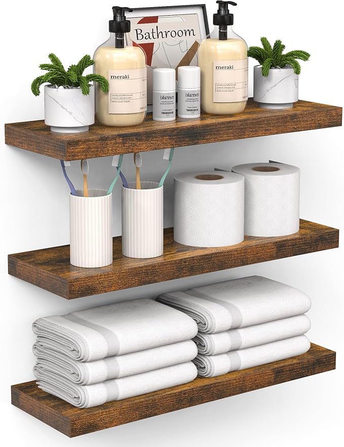 BAYKA Bathroom Floating Shelves for Wall โ Bathroom Shelf Over Toilet Farmhouse Rustic Wood for Bedroom, Kitchen, or Living Room Decor โ Rustic Brown, Set of 3, Sturdy Storage with 22lb Capacity