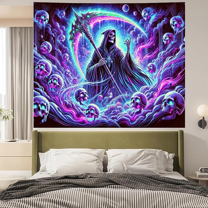 BlissYard Blacklight Skull Tapestry UV Reactive Tapestry 78x59 Inch Grim Reaper Gothic Skeleton Wall Tapestry Glowing Tapestry Large Neon Tapestry Wall Hanging for Living Room Bedroom Decor Teens