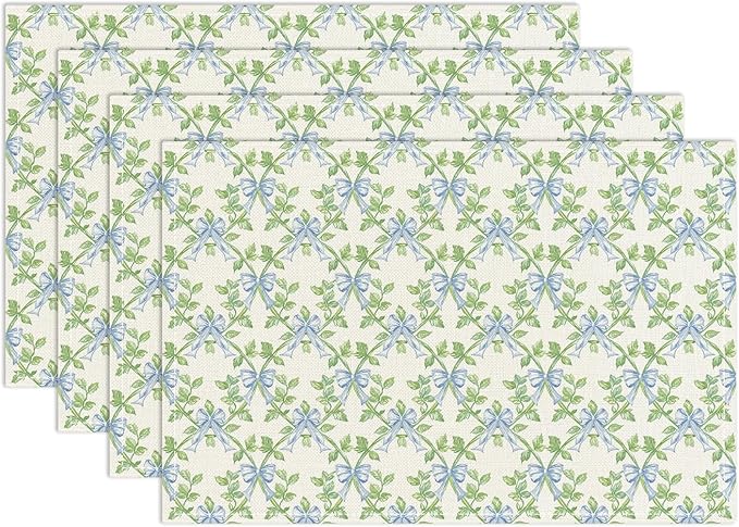 Green Leaf Placemats Set of 4, Blue Bow Table Mat for Home Kitchen, Restaurants, Outdoor Linen Washable Place Mats 12x18 inch Party Event Dining Decoration-01