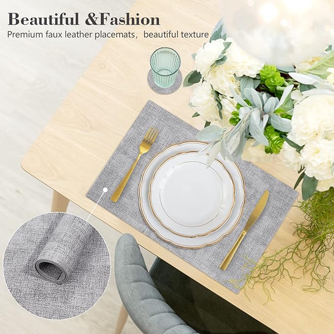 Faux Leather Placemats Set of 6,Heat Resistant Placemats for Dining Table, Easy Clean Non-Slip Place Mats, Waterproof Stain Resistant Wipeable Washable PU Table Mats, (Light Grey)