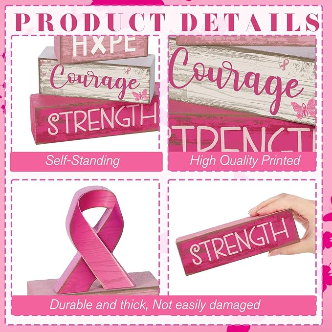 4 Pcs Breast Cancer Awareness Table Decor Pink Ribbon Wooden Sign Breast Cancer Tiered Tray Decor Decorative Pink Ribbon Blocks Sign Gifts for Home Kitchen Party Decoration