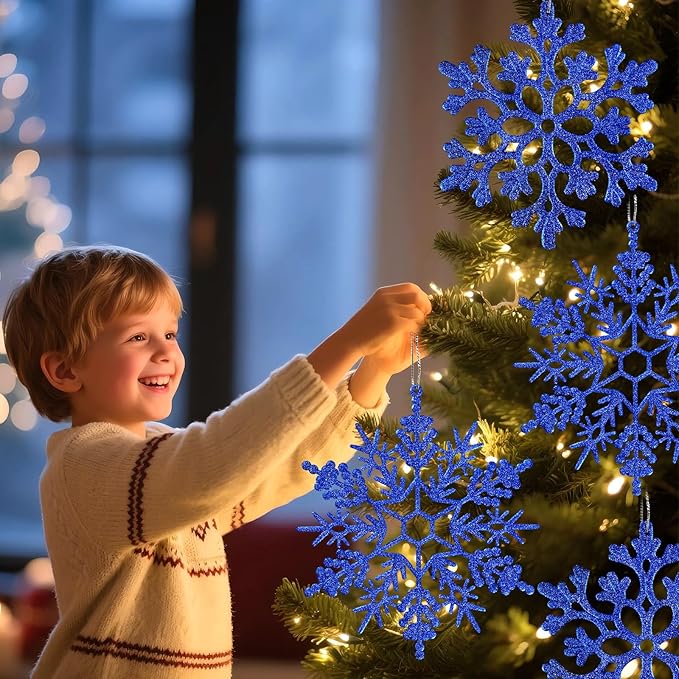 6pcs Large Navy Blue Snowflakes Ornaments 12" Big Plastic Glitter Snowflake for Winter Indoor Outdoor Christmas Tree Window Room Decorations Giant Craft Snowflakes