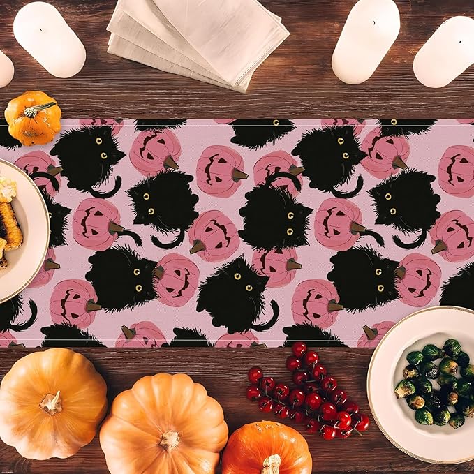 Halloween Table Runner Pink Halloween Decor Black Cat Pumpkins Seasonal Kitchen Dining Table Home Party Decorations 13x72 Inch