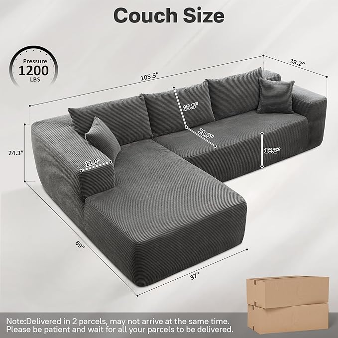 104" Cloud Sectional Couches for Living Room,L Shaped Boneless Couch in A Box,Sleeper Sofa with Comfy Chaise No Assembly Required,Grey