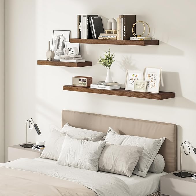 Wide Floating Shelves for Wall 12 Inch Deep, 55" X 12" X 2" Floating Shelf, 2 Inch Thick Shelf for Bathroom Bedroom Kitchen Book Room, Heavy Duty 85lbs Shelves for Farmhouse Decor Set of 2, Walnut