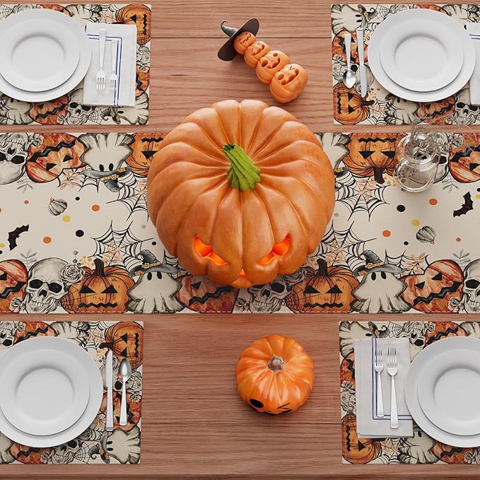 XCHI Spooky Skeleton Ghost Pumpkin Halloween Table Runner Party Table Decoration for Home Kitchen Dining Holiday Decor 13x108 Inch