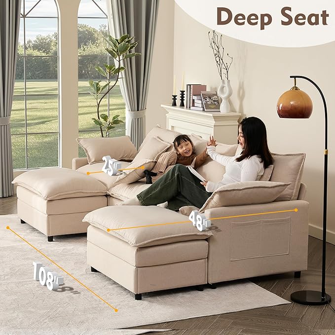 108" U Shaped Couch, Modular Sectional Sofa, 3-Seater Comfy Cloud Couch with Movable Ottoman, Deep Seat Couches for Living Room, Linen, Beige