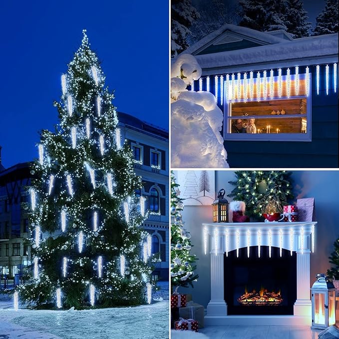 Brightown Christmas Meteor Shower Icicle Lights Outdoor, 2 Pack Total 40ft with 40 Large Tube 960 LED Dropping Effect, Waterproof Decorations for House Eave Roofline, Cool White