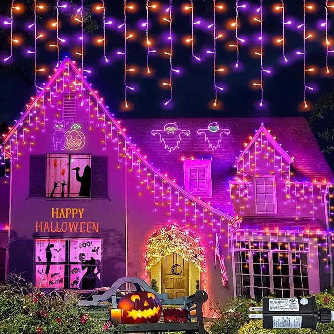 66ft Halloween Lights Outdoor, 640 LED Icicle Lights for Outside, Orange and Purple Twinkle Lights with Connectable Clear Wire 8 Modes Timer Waterproof for House Party Tree Holiday Yard Decorations