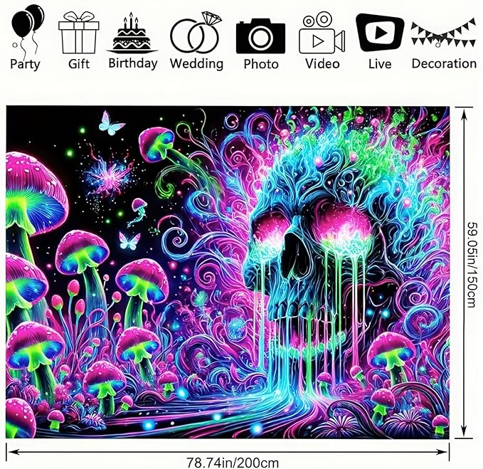 BlissYard Glowing Tapestry Blacklight Skull Tapestry 78x59 Inch Psychedelic Skull Mushroom UV Reactive Neon Mushroom Galaxy Space Tapestry Wall Hanging for Living Room Bedroom Party Backdrop Decor