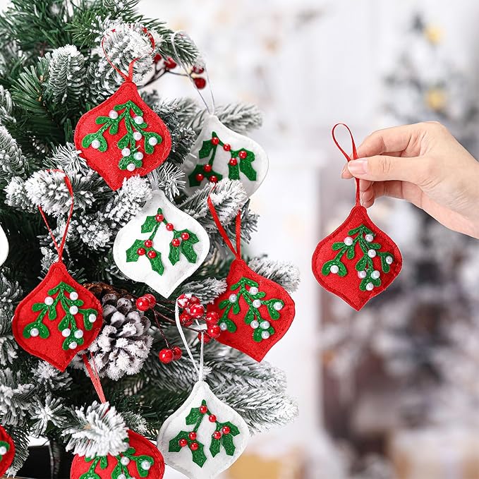 12 Pcs Christmas Felt Ornaments for Tree Red and White Mistletoe and Holly Leaves with Berries Poinsettias 3D Hanging Decorations Hanging Felt Craft for Christmas Party Favors Gifts
