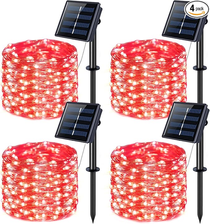 JMEXSUSS 4 Pack 400 LED 132FT Red Solar Fairy Lights Outdoor Waterproof, 8 Modes Copper Wire Solar String Lights for Outside Patio Garden Christmas Decorations