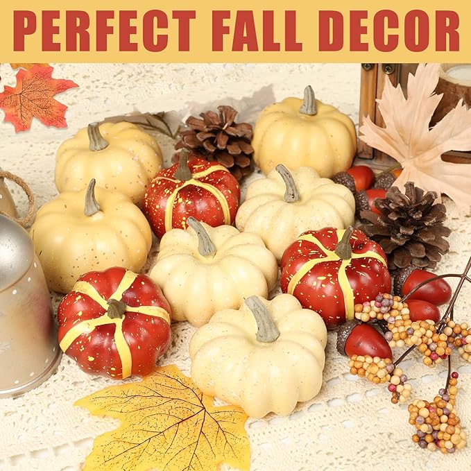 23Pcs Fake Pumpkins Fall Thanksgiving Decorations,Plastic Pumpkins with Acorns,Maple Leaves,Pine cones,Berries, Artificial Mini Pumpkin Decorating Harvest Home Decor Centerpiece Table Decorations