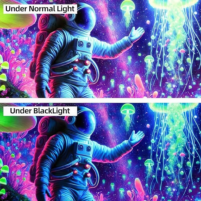 BlissYard Blacklight Astronaut Jellyfish Tapestry Trippy Mushroom Tapestry UV Reactive 59X78 inch Fantasy Plants Wall Tapestry Psychedelic Neon Galaxy Space Tapestry Wall Hanging for Room Boys Poster