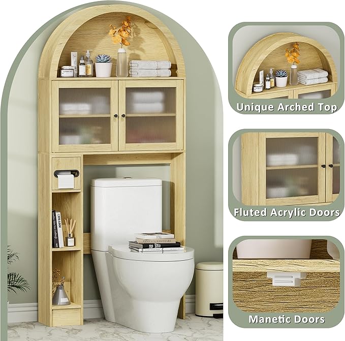 Over The Toilet Storage Cabinet, 31''W Arched Space-Saving Bathroom Organizer with Adjustable Shelf and Acrylic Doors, Freestanding Over Toilet Cabinet for Bathroom, Laundry, Restroom (Oak Wood)