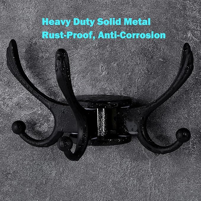 Swivel Coat Hook 2 Pack Heavy Duty Space Saving Towel Rope Hook Wall Mount Triple Swing Arms for RV Bathroom Kitchen Garage,Matt Black