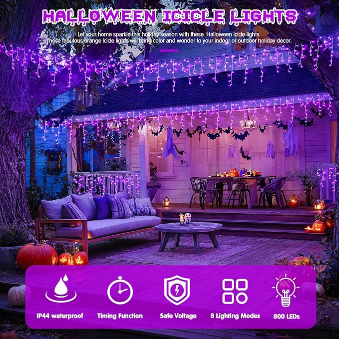 JMEXSUSS Purple Halloween Lights Outdoor, 800 LED Purple Icicle Lights Outdoor Waterproof, 8 Modes String Light Plug in for Fireplace Tree Garden Patio Halloween Decor