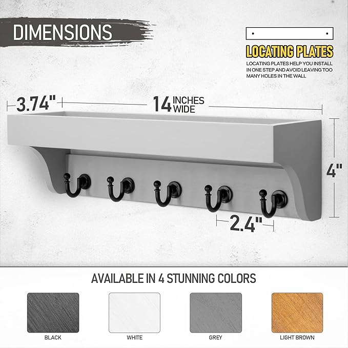 Rebee Vision Decorative Key Holder for Wall - Modern Farmhouse Wall Mount Mail Organizer Keys Hanger with Floating Shelf, 5 Rustic Key Hooks for Entryway Home Decor (Gray)