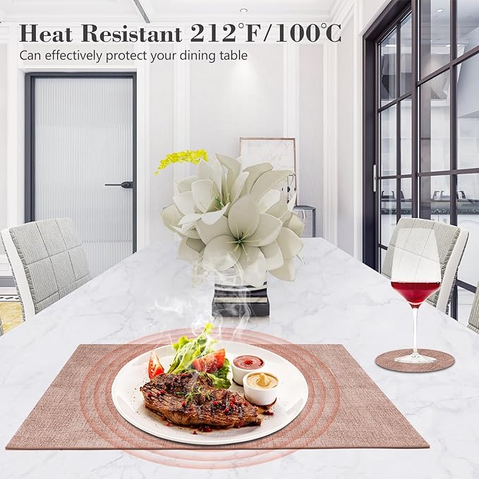 Faux Leather Placemats Set of 6,Heat Resistant Placemats for Dining Table, Easy Clean Non-Slip Place Mats, Waterproof Stain Resistant Wipeable Washable PU Table Mats, (Pink)