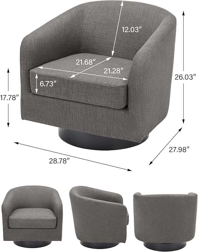 Swivel Barrel Accent Chair, Modern Round Linen Arm Chair for Living Room, Bedroom, Comfy Club Reading Chairs for Adults(Linen Fabric, Grey, Set of 2