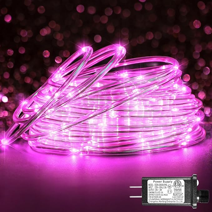 Rope Lights Outdoor, 66FT 200 LED Rope Lights for Outside Waterproof with 8 Modes, Flexible and Connectable Clear Tube Light for Indoor, Garden, Backyard, Patio, Pool, Tree Holiday Decorations - Pink