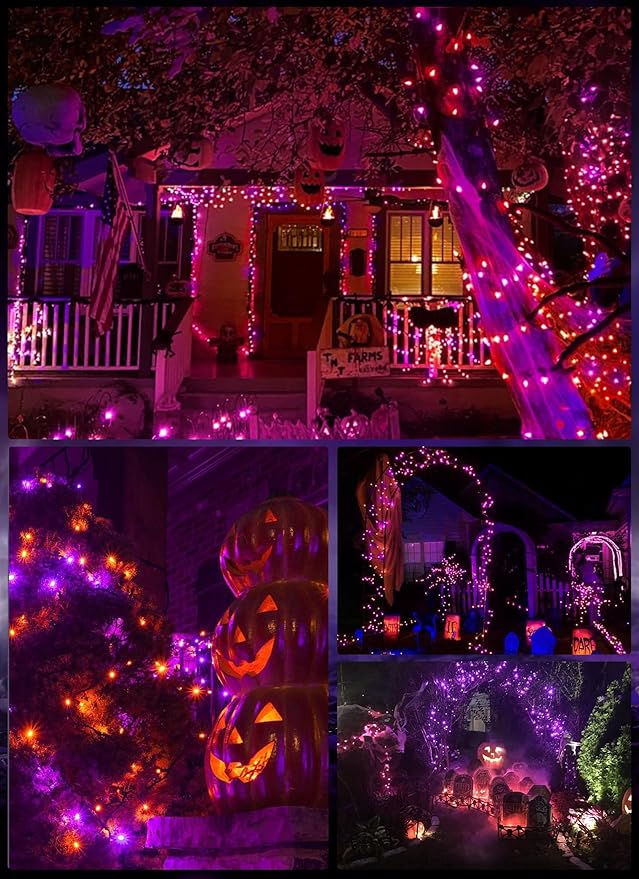 Christmas Lights Outdoor, 33FT 100 LED Mini Orange Purple Lights Plug in with 8 Modes for Outdoor Indoor Christmas Tree Lights Party Holiday Commercial Decorations, Waterproof & Connectable, 2 Pack