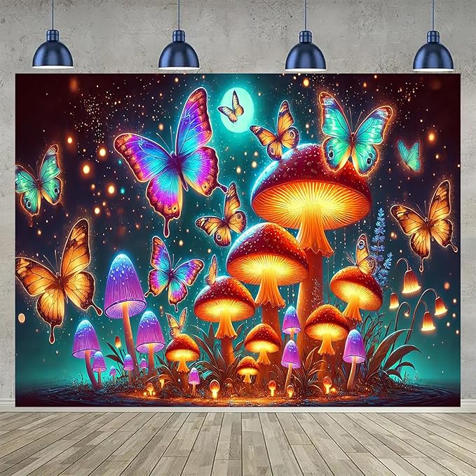 BlissYard Glowing Butterflies Mushroom Forest UV Black Light Tapestry 78x59 Inches Art Color Neon Light Background Bedroom Living Room Wall Party Decoration Fantasy Fungi Insect Magic Garden Scene