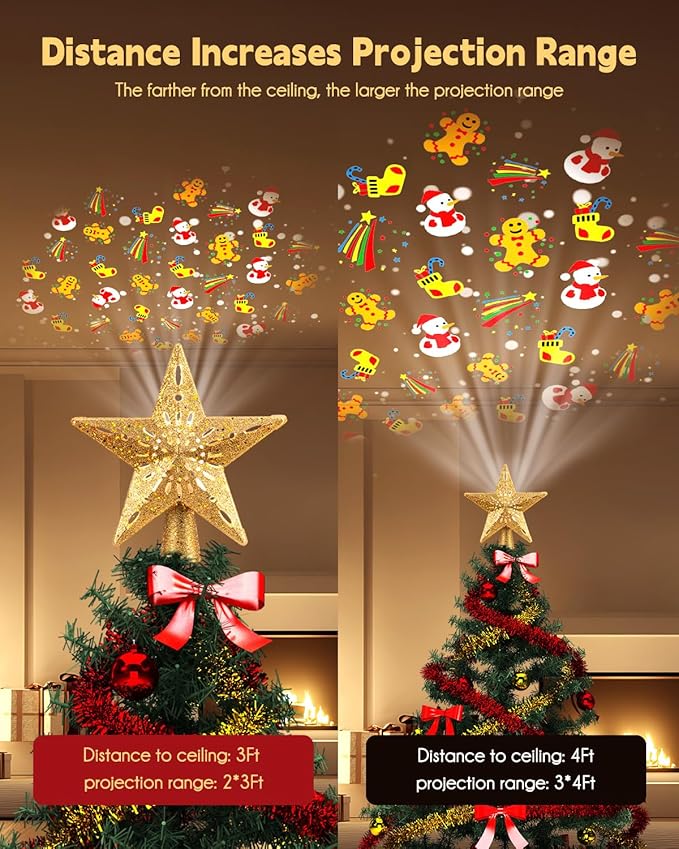 Brightown Christmas Tree Topper Lighted with 6 Projection Modes,9.8”Christmas Star Tree Topper with Built-in LED Rotating Lights,Tree Top with Golden Spangles Plated Plug in for Christmas Decorations
