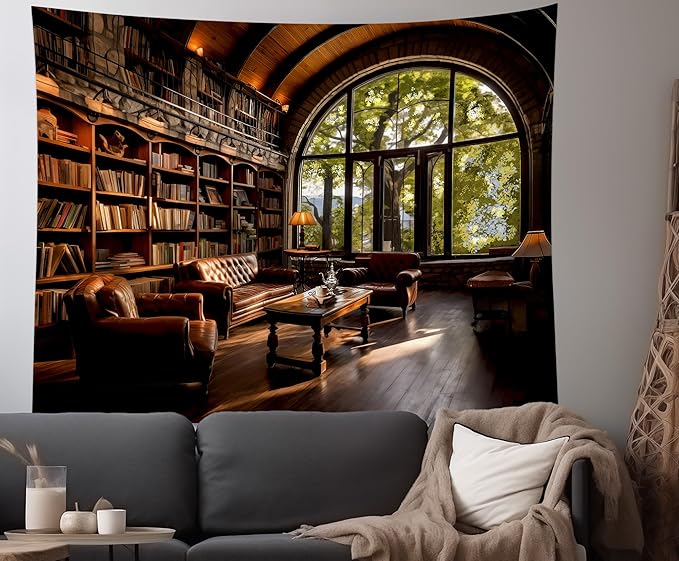 dueeia Book Library Tapestry Wall Hanging Medieval Bookshelf Vintage Window Bookcase Backdrop Wall Decor for Bedroom Aesthetic Living Room Office (59.1"x51.2")