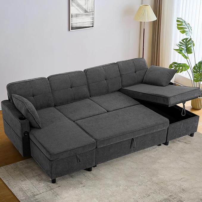 110 Inches Chenille Sectional Sofa w/Adjustable Back & Pull Out Sofa Bed, Tufted U Shaped Couch w/Two Storage Chaises, Sleeper Sectional Sofa w/USB Port & Cup Holders for Living Room, Grey