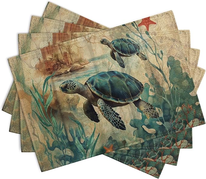 Sea Turtle Placemats Set of 4 Summer Beach Seasonal Linen Table Mats 12x18 Inch Vintage Ocean Animal Heat Resistant Washable Non-Slip Place Mats for Party Kitchen Dining Decoration