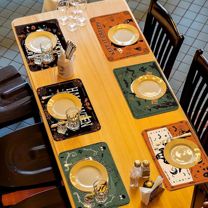Halloween Placemats Set of 6 Gothic Bat Plastic Table Mats Pumpkin Witch Skull Ghost Halloween Place Mats Washable Vinyl Rustic Table Decoration for Indoor Outdoor Party Kitchen Dining