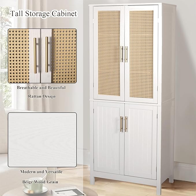 MISHAO 71" Kitchen Pantry Storage Cabinet, Tall Storage Cabinet with Rattan Doors & Adjustable Shelves, Freestanding Cupboard Wood Pantry for Kitchen, Living Room, Dining Room Hallway, White