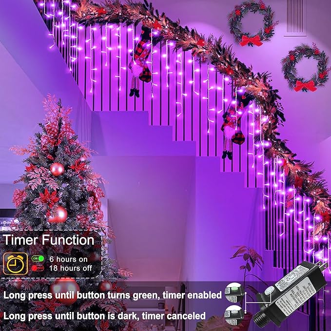 33ft Purple Halloween Lights Outdoor, 400 LED Icicle Lights for Outside Indoor Twinkle Christmas Light with Connectable Clear Wire 8 Modes Timer Waterproof for House Party Tree Holiday Yard Decoration